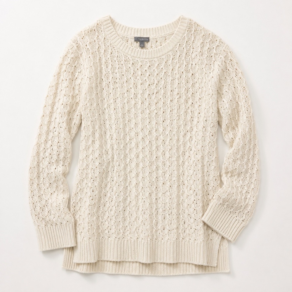 Talbots Cable Knit Sweater Womens Size S Ivory Cream Wool Blend Preppy Fisherman